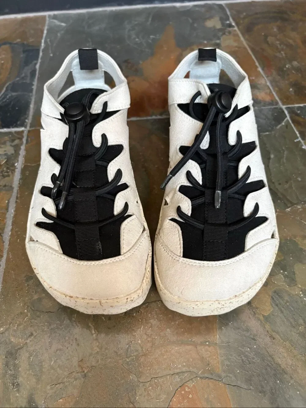 ASPORTUGUESAS Women’s Cutout Suede Sneakers Tan Black Bungee Lace Cork Sole